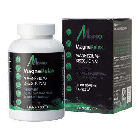A Mismio MagneRelax magnézium-biszglicinát termék doboza és a 90 db vegán kapszulát tartalmazó tégely.
