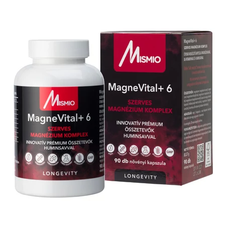 A Mismio MagneVital+ 6 magnézium komplex termék doboza és a 90 db vegán kapszulát tartalmazó tégely.