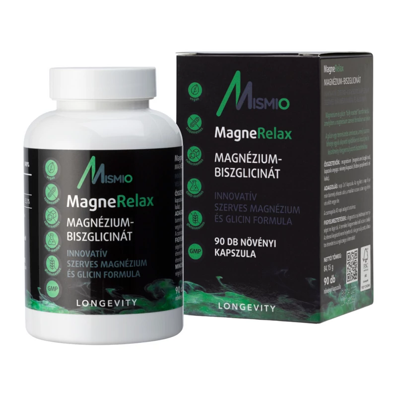 A Mismio MagneRelax magnézium-biszglicinát termék doboza és a 90 db vegán kapszulát tartalmazó tégely.
